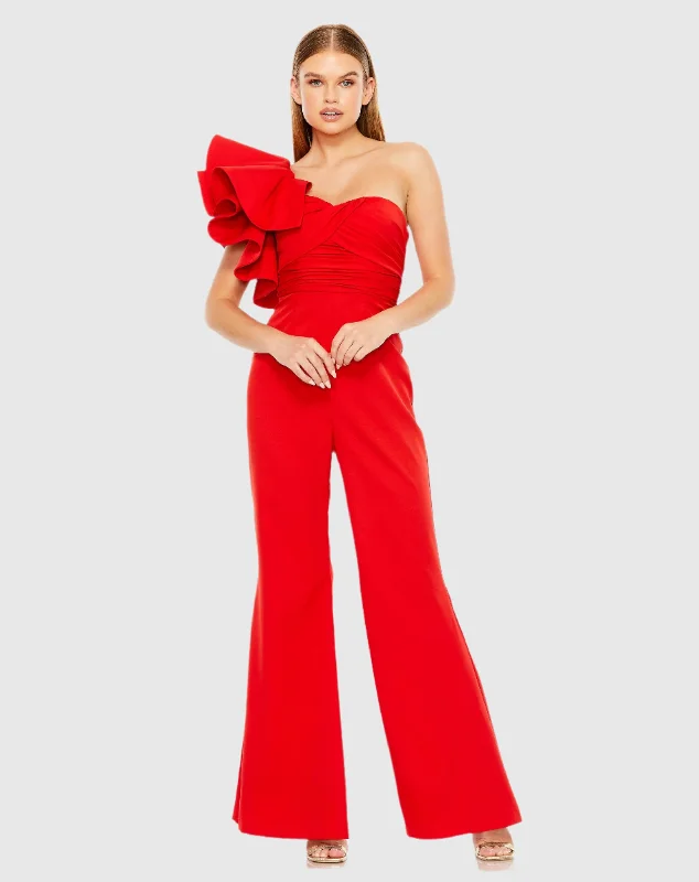 One Shoulder Ruffle Detail Flare Pant Jumpsuit