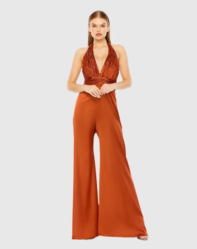 Ruched Halter Top Wide Leg Satin Jumpsuit