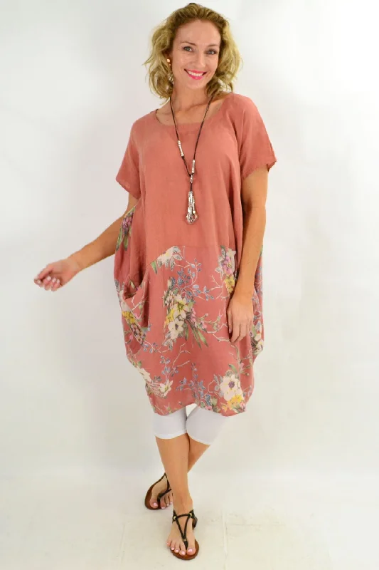 Dark Salmon Native Flower Sleeve Linen Tunic Dress