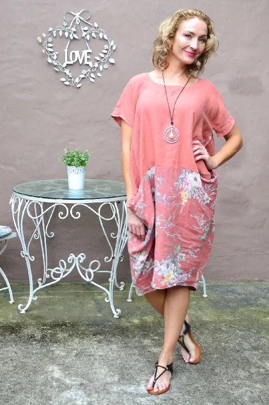 Dark Salmon Native Flower Sleeve Linen Tunic Dress