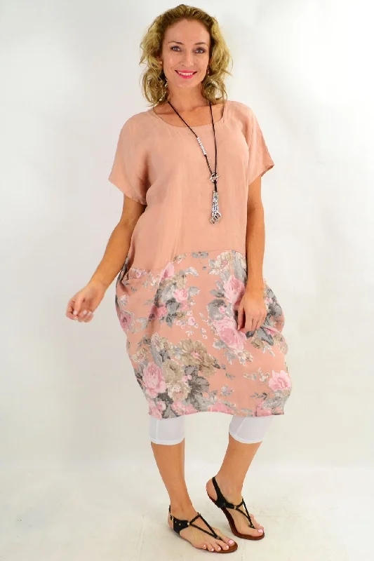 Light Salmon Bouquet Short Sleeve Linen Dress