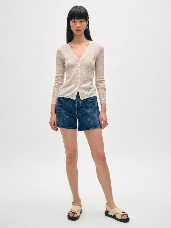 Linen Gauze Ribbed V Neck Cardigan