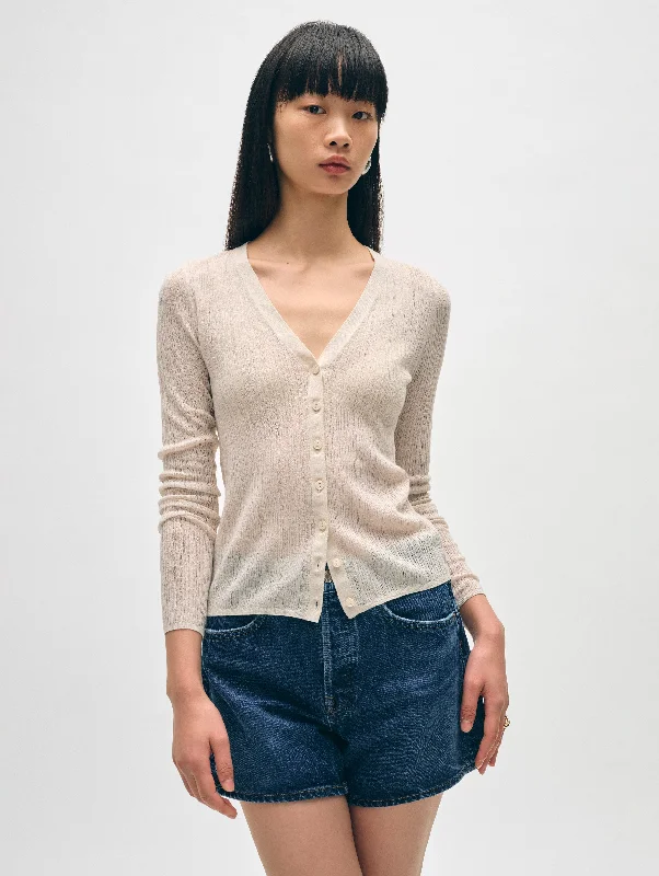 Linen Gauze Ribbed V Neck Cardigan