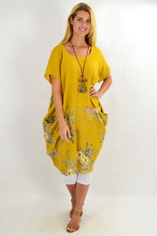 Mustard Native Flower Sleeve Linen Tunic Dress