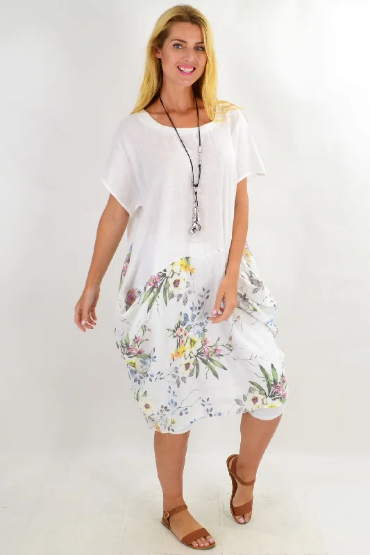 White Native Flower Sleeve Linen Tunic Dress