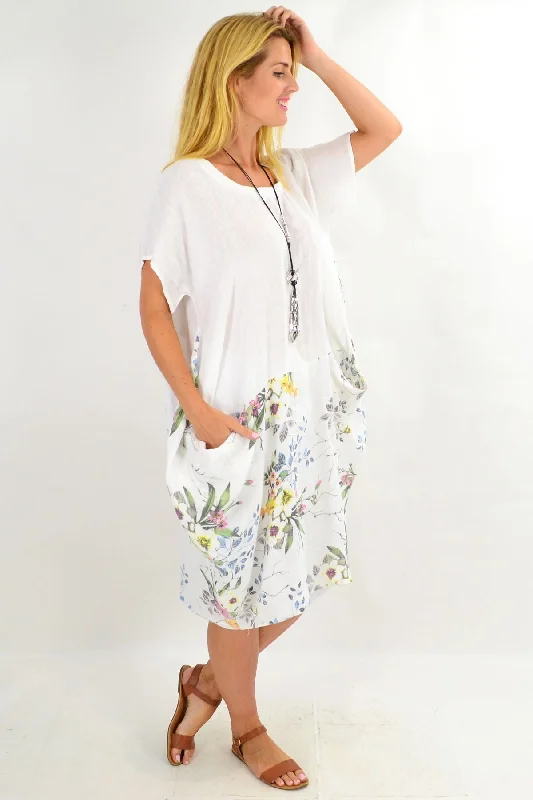 White Native Flower Sleeve Linen Tunic Dress