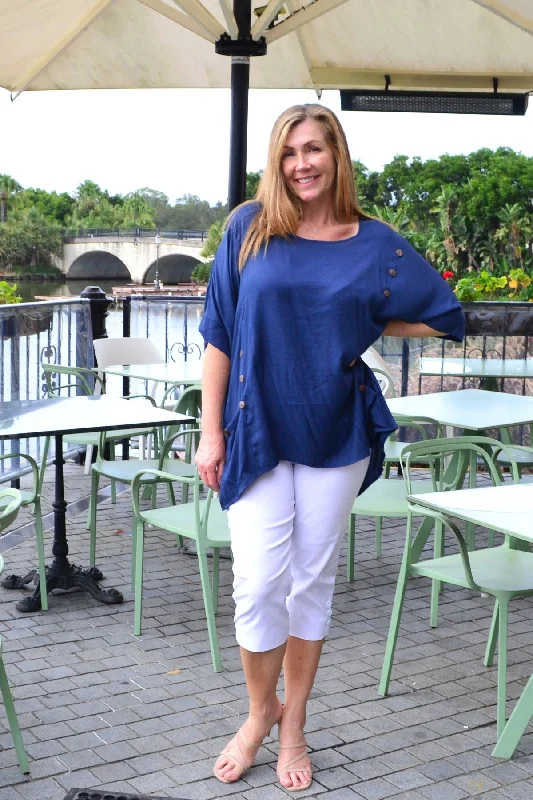 Navy Blue Coconut Button Sloping Sleeve Tunic Top