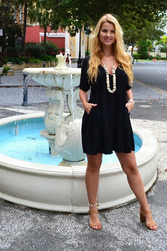 Onyx Black Tie Up Tiered Tunic Dress