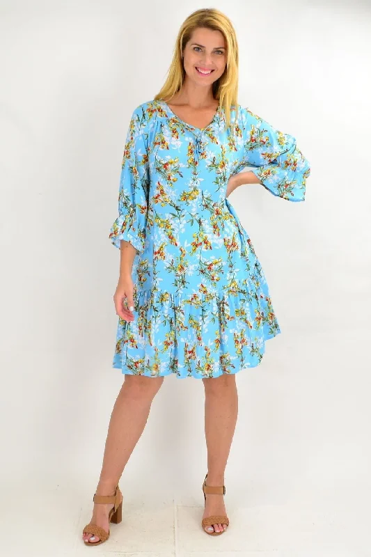 Sky Blue Floral Ruffle Sleeve Tunic Dress