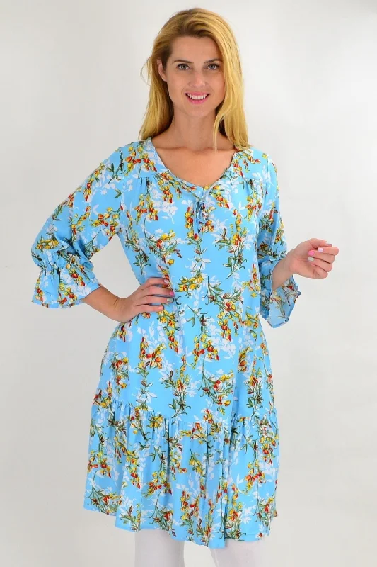 Sky Blue Floral Ruffle Sleeve Tunic Dress