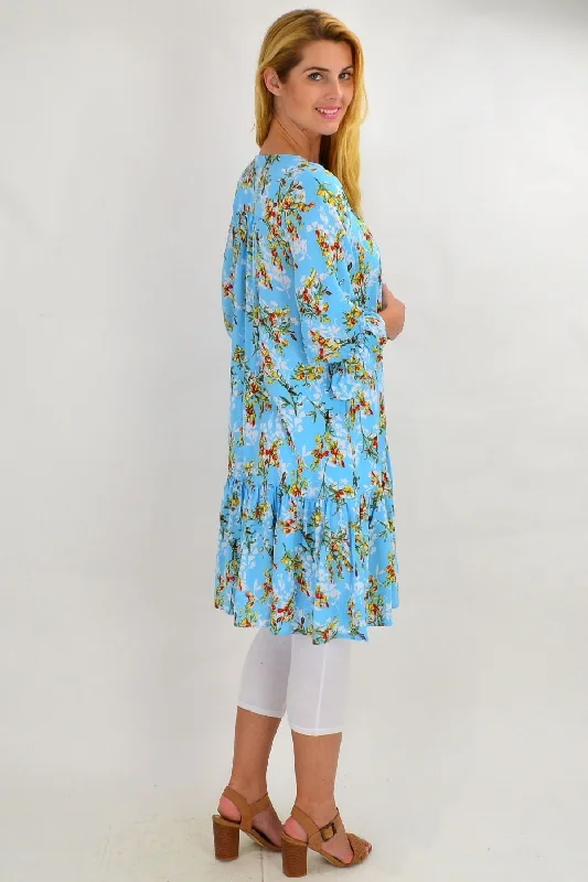 Sky Blue Floral Ruffle Sleeve Tunic Dress