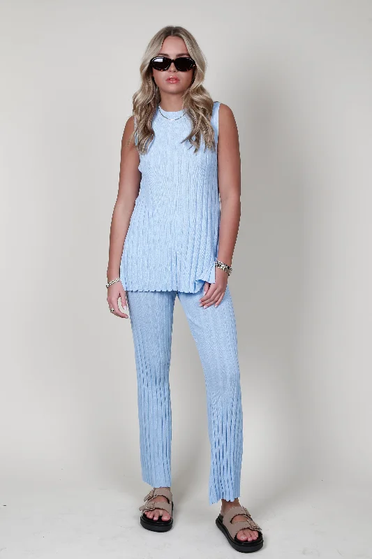 Wide Rib Soft Knit Pants - Baby Blue