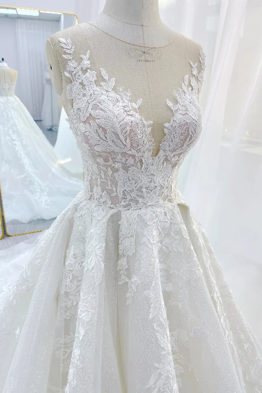 A-Line Chapel Train Lace Tulle Wedding Dress CW3260