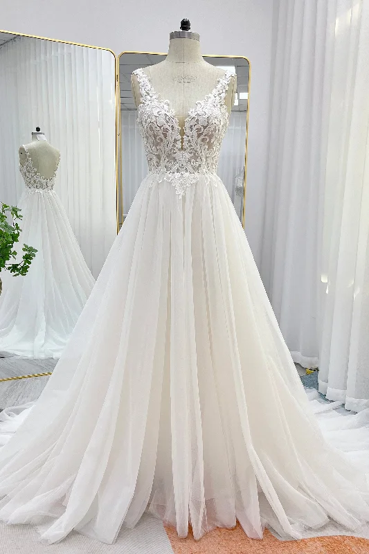 A-Line Court Train Lace Tulle Wedding Dress CW3262