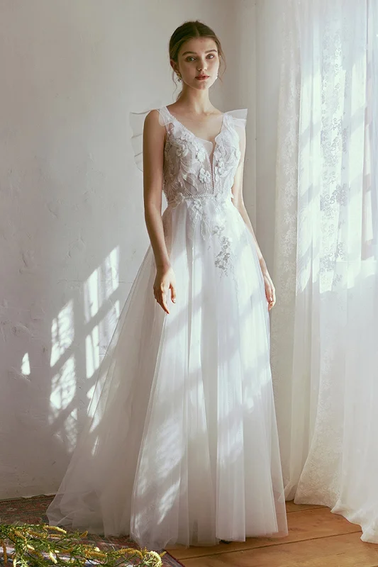 A-Line Floor Length Lace Tulle Wedding Dress CW2665