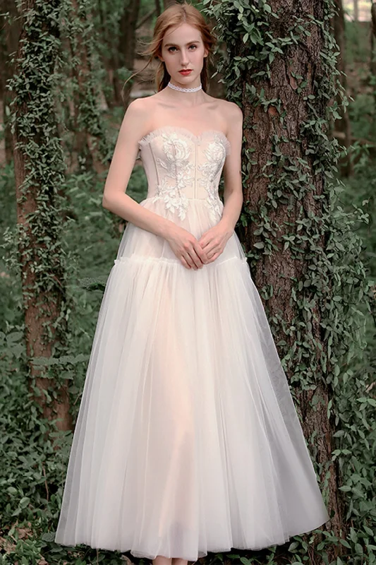 A-Line Tea Length Lace Tulle Wedding Dress CW2756