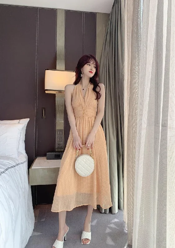 Apricot Chiffon V-Neck Sleeveless Backless Midi Dress