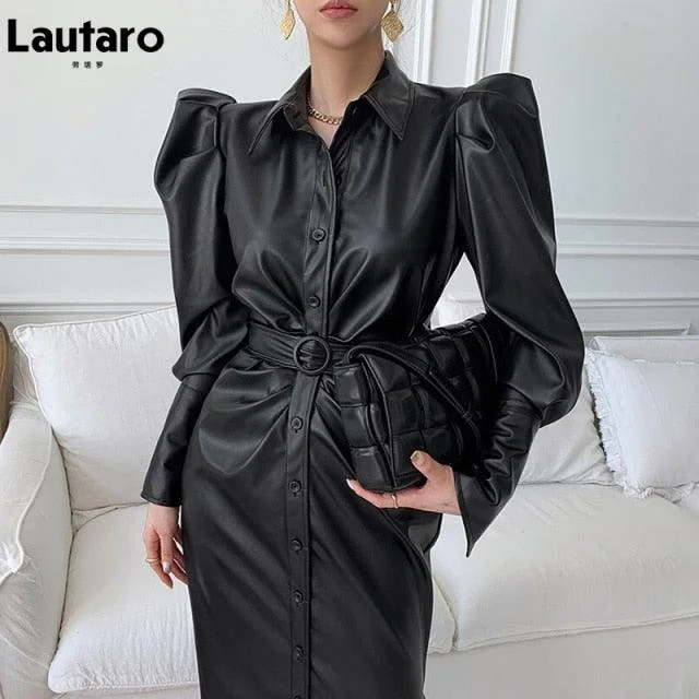 Black Faux Leather Belt Puff Long Sleeve Button Down Elegant Luxury Stylish Maxi Dress