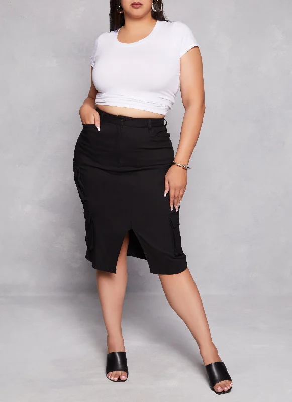 Plus Size Hyper Stretch Slit Front Cargo Skirt