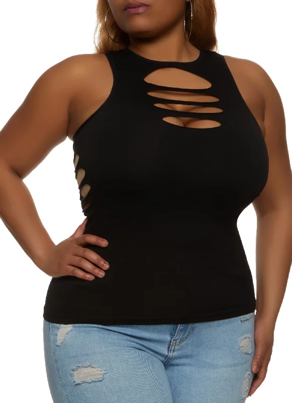 Plus Size Seamless Laser Cut High Neck Tank Top