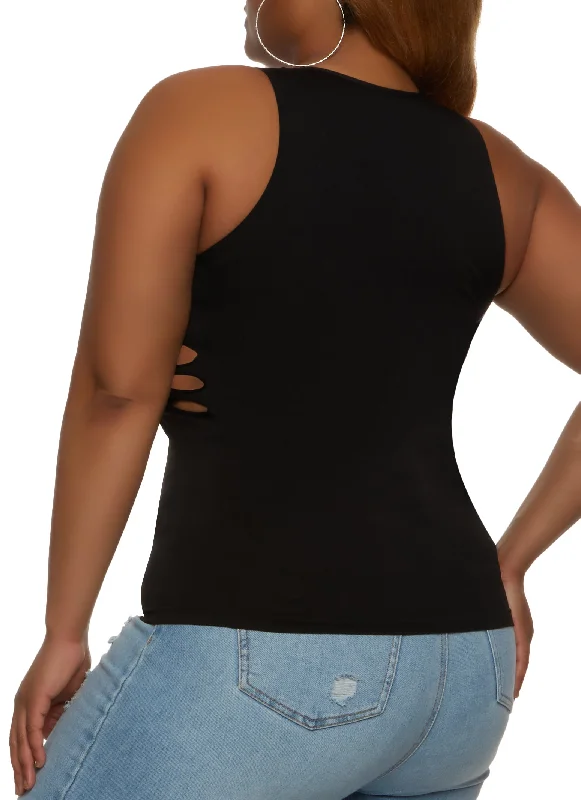 Plus Size Seamless Laser Cut High Neck Tank Top