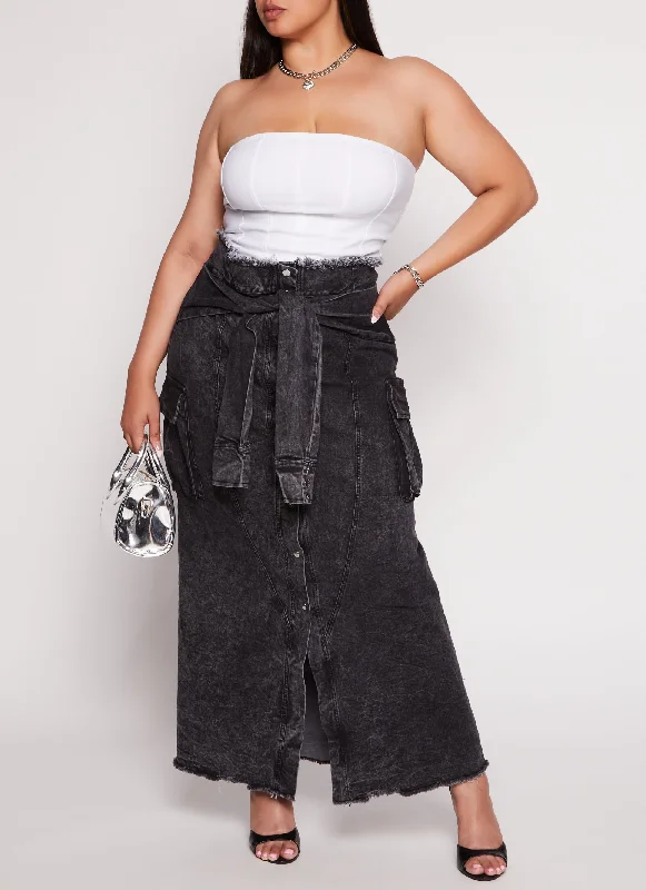 Plus Size Tie Waist Frayed Hem Denim Maxi Skirt