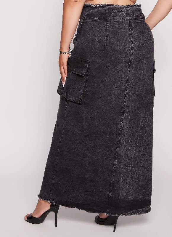 Plus Size Tie Waist Frayed Hem Denim Maxi Skirt