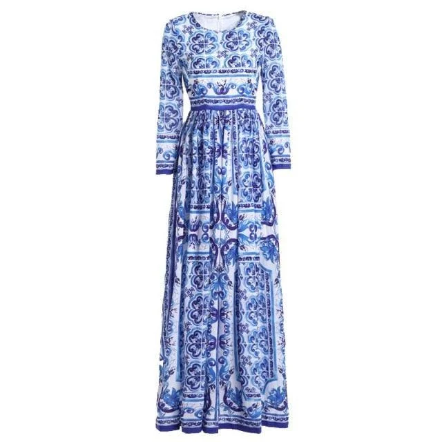 Blue and  white Long Sleeve Vintage Casual Chiffon Printed Long Dress