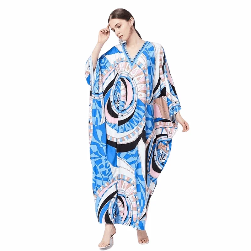 Blue Silk Bohemian Plus Size Dress V-neck Batwing Sleeve Maxi Dress