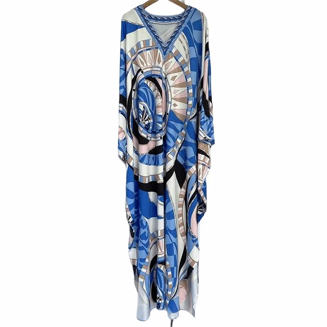 Blue Silk Bohemian Plus Size Dress V-neck Batwing Sleeve Maxi Dress