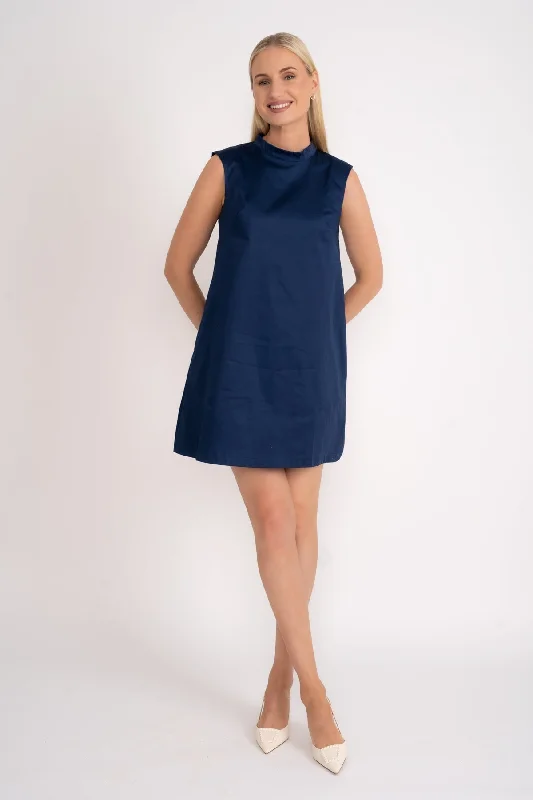 Bow Back Cotton Sateen Mini Dress in Navy