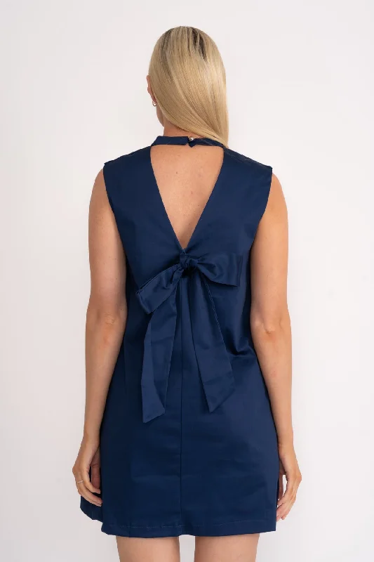 Bow Back Cotton Sateen Mini Dress in Navy