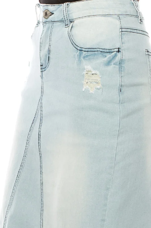 Brenna Distressed Denim Skirt in Lt. Wash