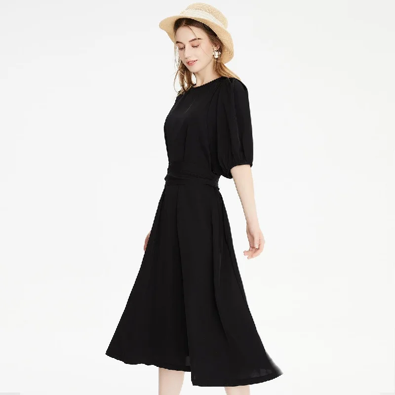 Casual short sleeve loose belt midi dress