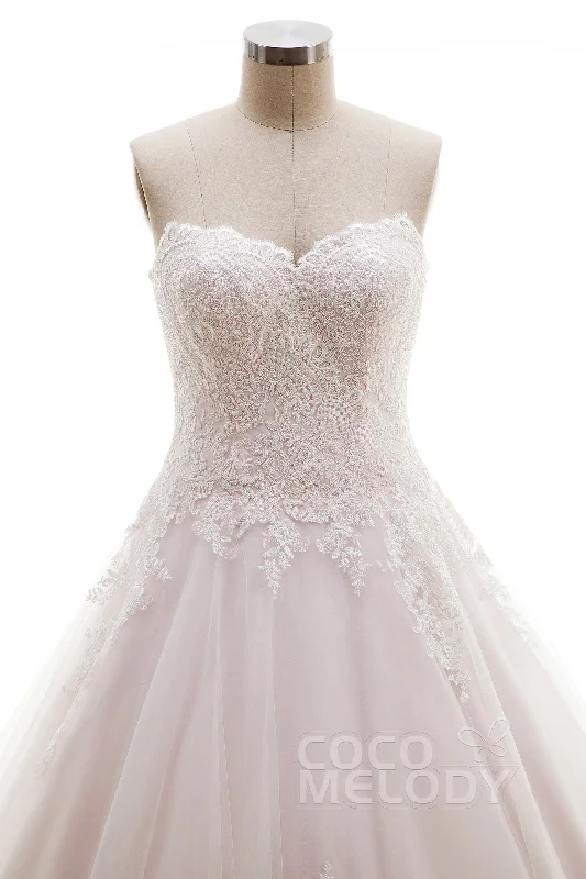 A-Line Sweep-Brush Train Tulle Lace Wedding Dress B14A0052