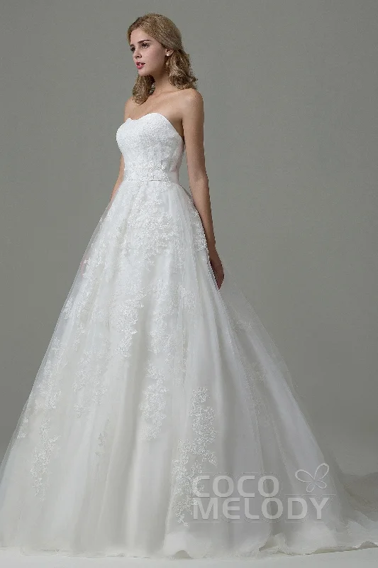 A-Line Court Train Tulle and Lace Wedding Dress B14E3A024