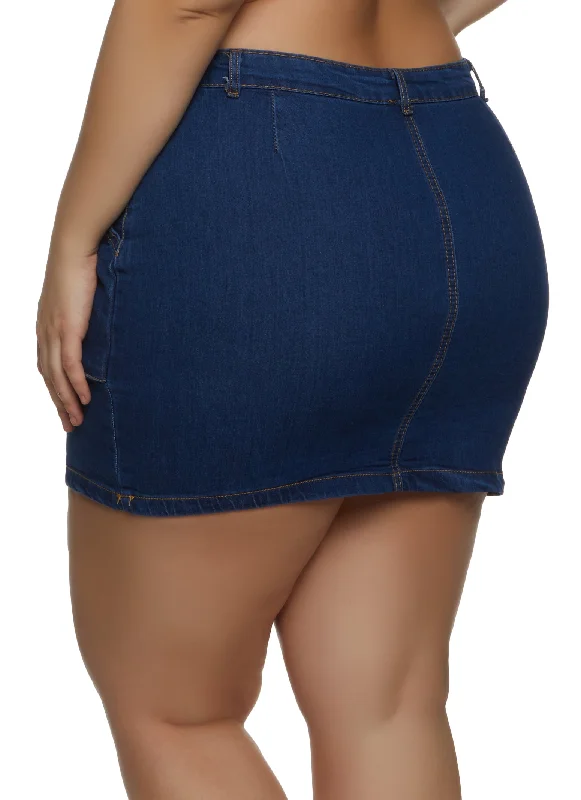 Plus Size Side Pocket Denim Mini Skirt