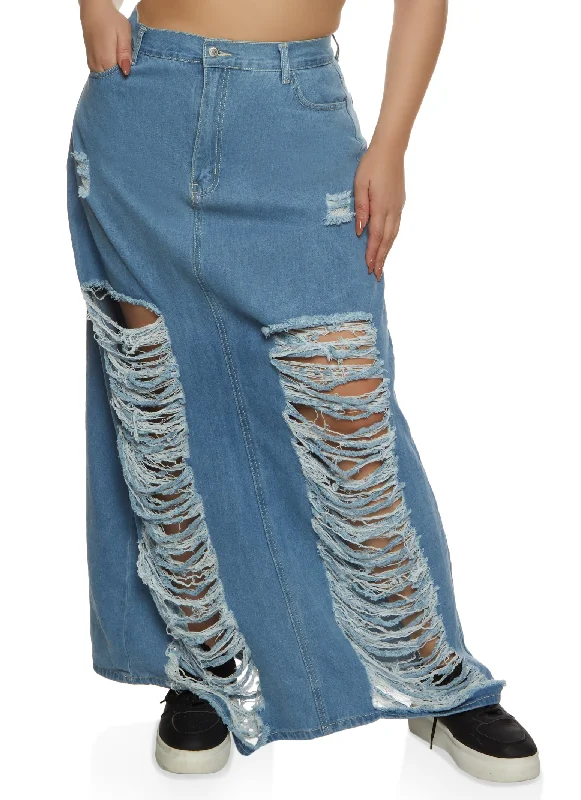 Plus Size Slashed Distressed Denim Maxi Skirt