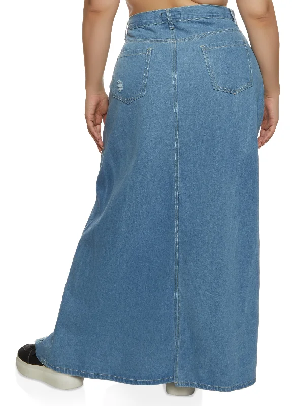 Plus Size Slashed Distressed Denim Maxi Skirt