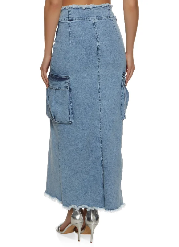 Tie Waist Frayed Hem Denim Maxi Skirt