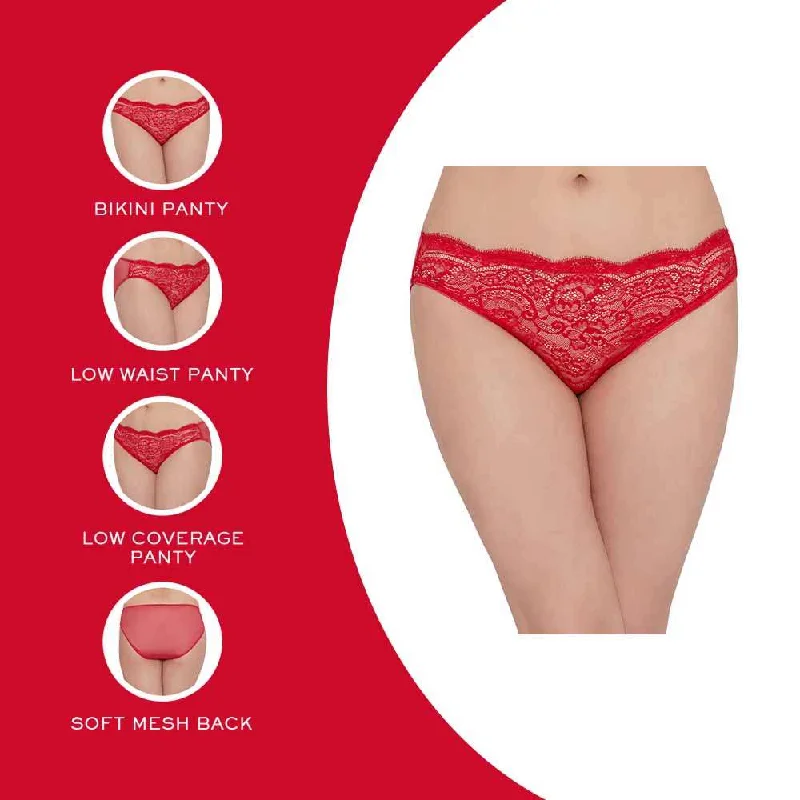 Essential Lace Low Waist Low Coverage Bridal Wear Lace Bikini Panty - Red