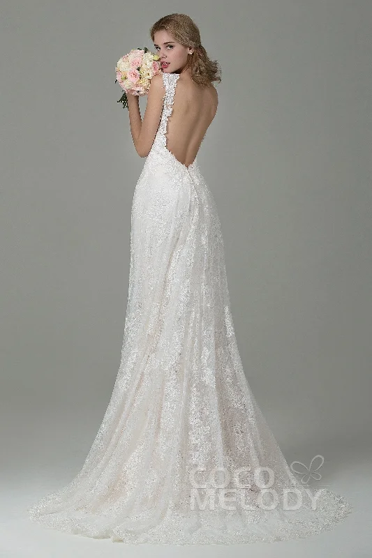 Sheath-Column Court Train Lace Wedding Dress CWVT15002