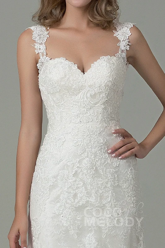 Sheath-Column Court Train Lace Wedding Dress CWVT15002