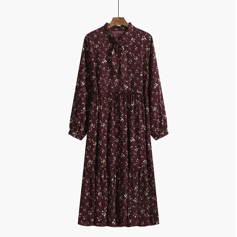 Floral Print Elastic Bust Lantern Sleeve Long Dress