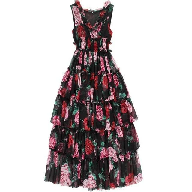 Floral-Print Ruffles Elastic Waist Maxi Dress