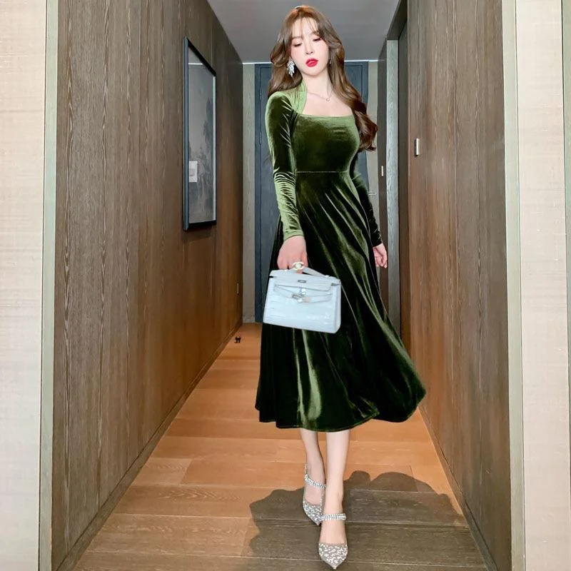 Green Elegant Retro Velvet Midi Dress