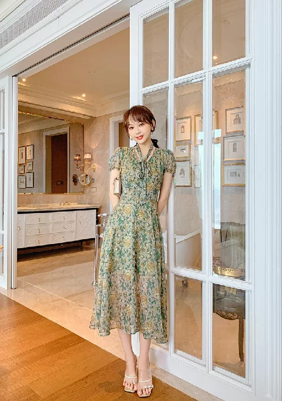 Green V-neck French Retro Floral Long Maxi Chiffon Dress