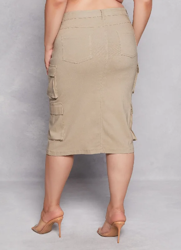 Plus Size Hyper Stretch Slit Front Cargo Skirt