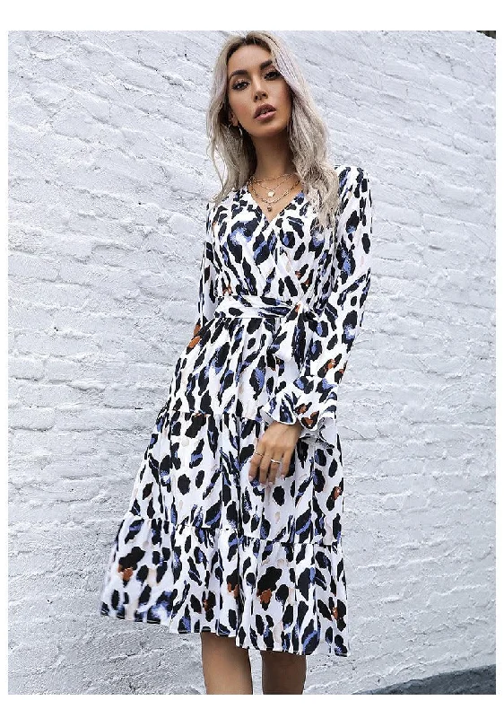 Leopard print v neck belted midi dress