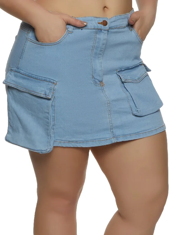 Plus Size Denim Cargo Pocket Mini Skirt